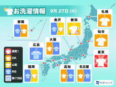 9月27日(火)の洗濯天気予報　東京は速乾、東海や近畿は早めの取り込みを