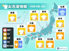 10月4日(火)の洗濯天気予報　秋雨前線南下でも東京・名古屋・大阪などは外干しOK