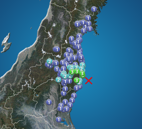 福島県で震度3の地震発生