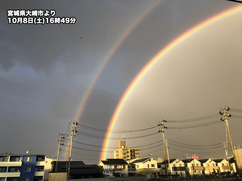 東北でダブルレインボー　雨の後に二重の虹が出現