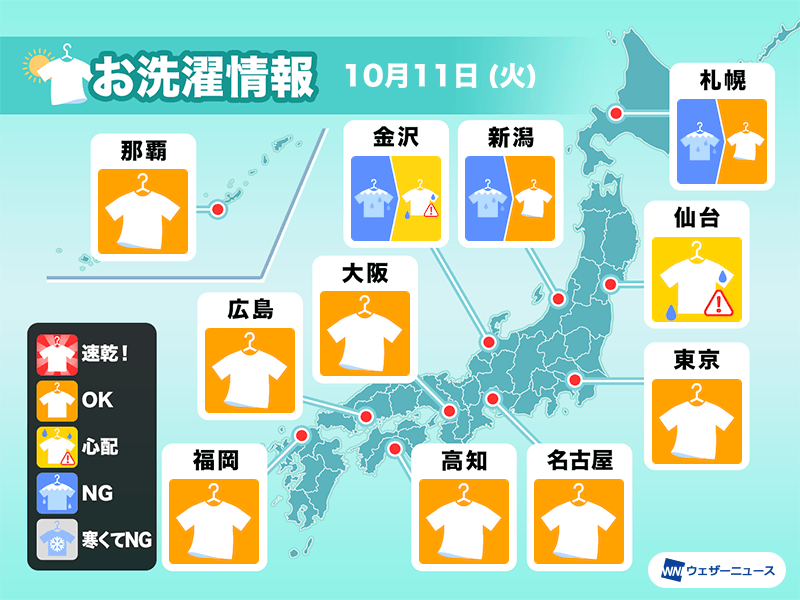10月11日(火)の洗濯天気予報　関東や西日本は広く外干しOK
