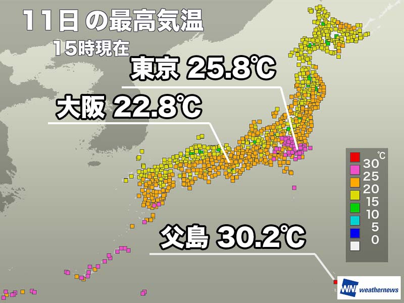 東京都心で6日ぶりに25℃超　真夏日は小笠原・父島1ヶ所だけ