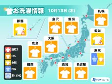 10月13日(木)の洗濯天気予報　広範囲で外干しOK　関東はあいにくの雨