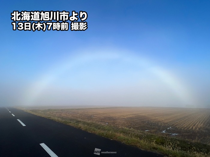 冷え込んだ朝　霧の中に白虹(霧虹)が出現　北海道・旭川