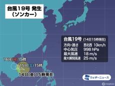 台風19号（ソンカー​​）発生　ほかの熱帯低気圧の動向に注意
