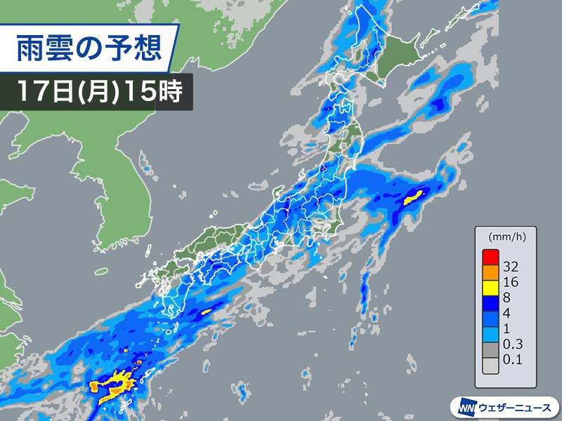 九州で雨が降り出す　明日は全国で雨の月曜日　強く降る所も