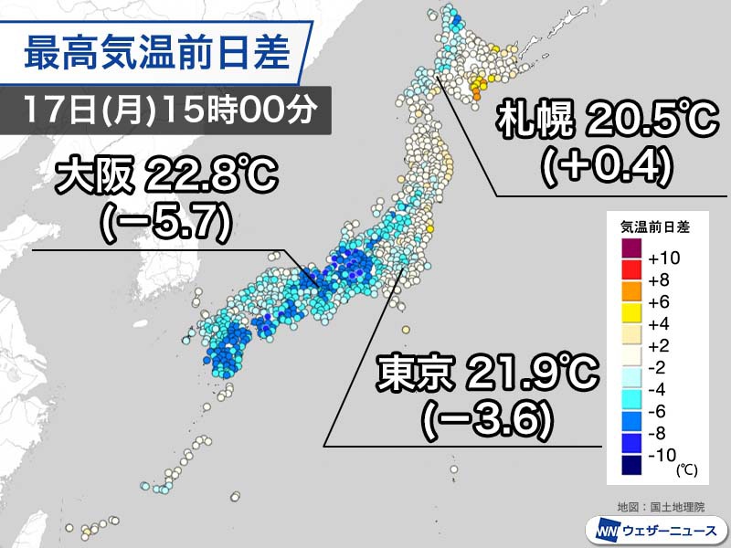 雨で昨日よりも大幅に気温下がる　明日は関東でさらに肌寒く