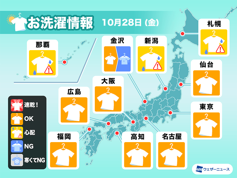 10月28日(金)の洗濯天気予報　西日本や東日本は洗濯日和が続く