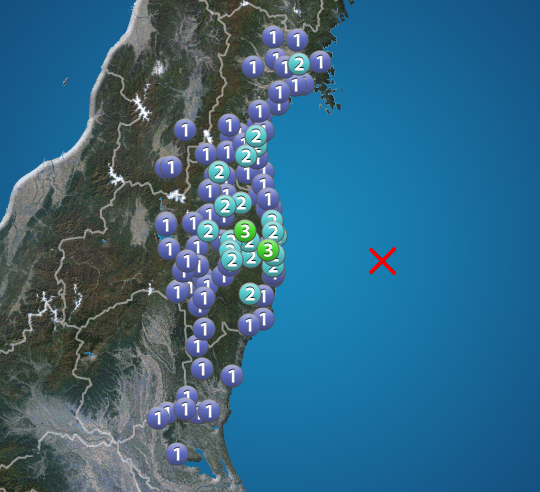 福島県で震度3の地震発生