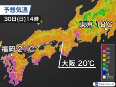 西、東日本はお出かけ日和の日曜日　関東の気温は昨日よりやや低い