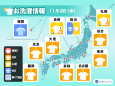 11月2日(水)の洗濯天気予報　広く天気回復し、洗濯日和に