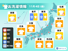 11月4日(金)の洗濯天気予報　太平洋側は洗濯日和　北日本や北陸は部屋干し推奨