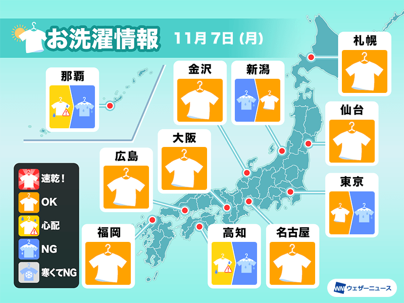 11月7日(月)の洗濯天気予報　広く外干しOKも、関東は心配な空