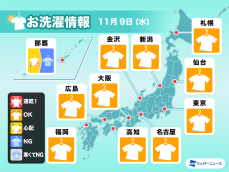 11月9日(水)の洗濯天気予報　晴天となり広く洗濯日和