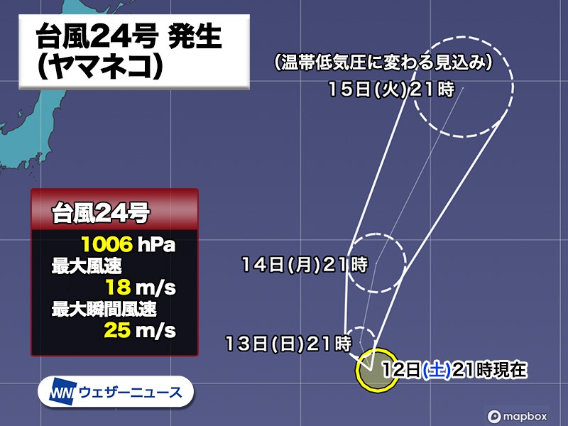 台風24号（ヤマネコ）発生　日本への影響なし