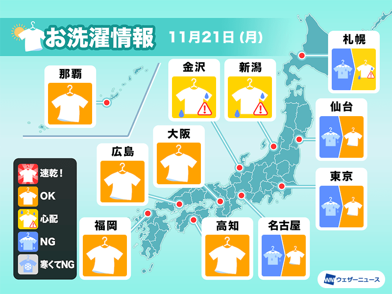 11月21日(月)の洗濯天気予報　西日本ほど外干しOK