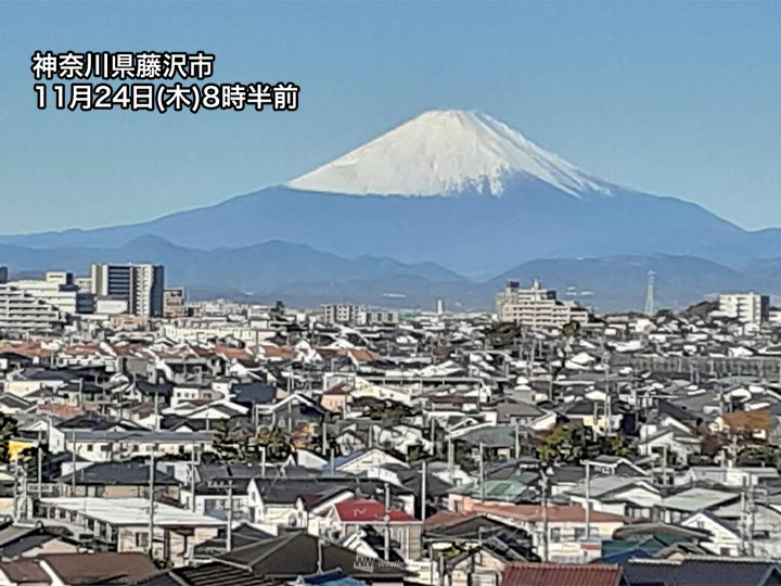 富士山は一足先に冬の装い　山の中腹まで真っ白に