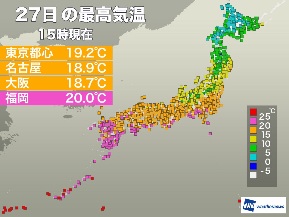 関東から九州は暖かな日曜日　週明けの関東はヒンヤリ