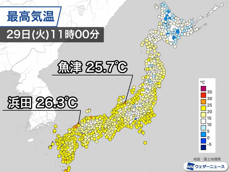 日本海側でフェーン現象発生　北陸や山陰で25℃以上の夏日に