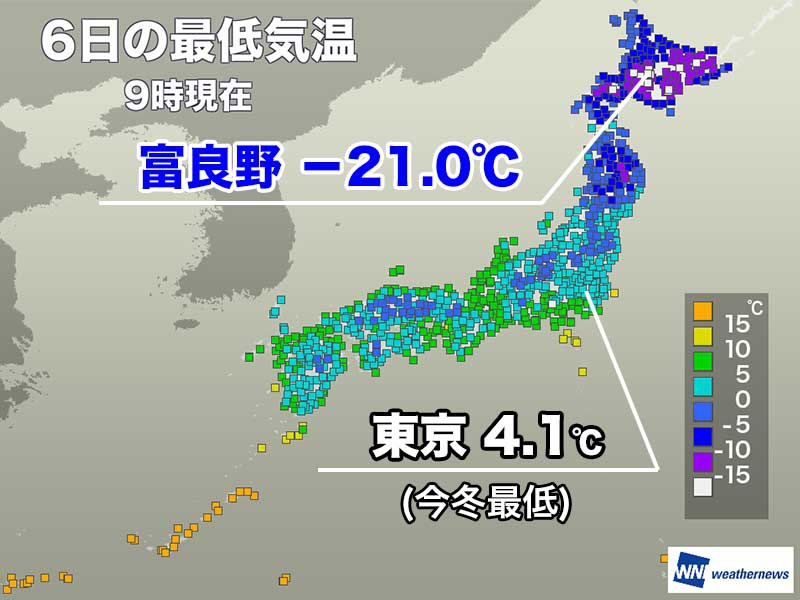 北海道富良野で－20℃台の冷え込み　東京都心も今冬最低を更新