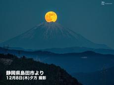 パール富士　富士山頂に昇る満月　昨夜は満月「コールドムーン」