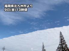 雲が半分、青い空が半分　福岡の空に雲のまっすぐな境界線