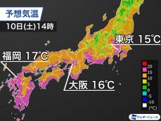 関東から西は気温上昇　多くの所で日中は15℃以上のお出かけ日和に