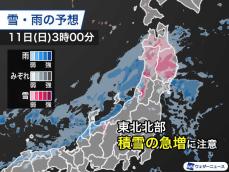 今夜から明日は日本海側で雷雨　東北では夜間に積雪急増のおそれ