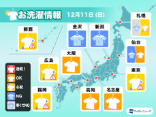 12月11日(日)の洗濯天気予報　昨日より乾きが悪い予想