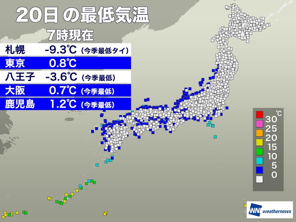 今朝も冷え込み強く、大阪・札幌・鹿児島など今季最低気温を観測