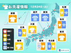 12月24日(土)の洗濯天気予報　関東や西日本太平洋側は洗濯日和