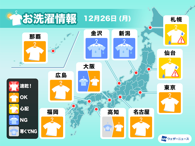 12月26日(月)の洗濯天気予報　冬型続き関東など外干しOK