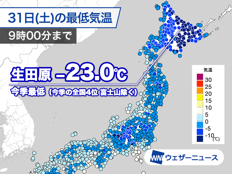 太平洋側や東北海道で強い冷え込み　北見も冷凍庫並みの−20℃観測