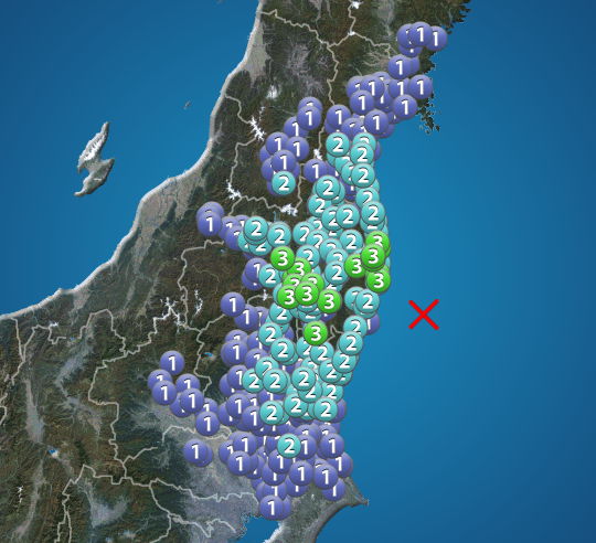 福島県で震度3の地震発生