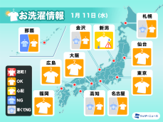 1月11日(水)の洗濯天気予報　関東など広範囲で洗濯外干しOK