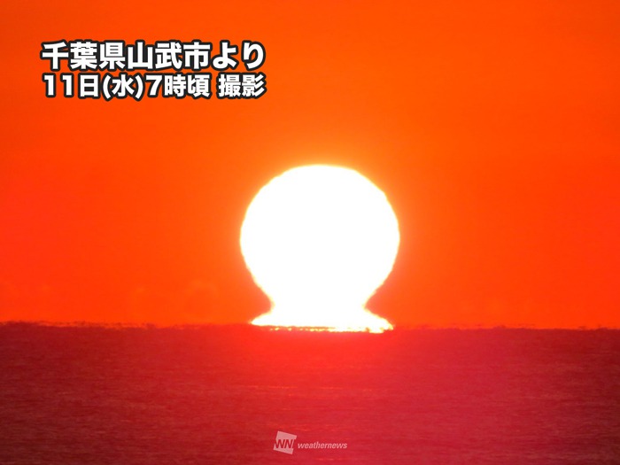 だるま朝日　水平線から昇る朝日がくびれて見える　蜃気楼の一種