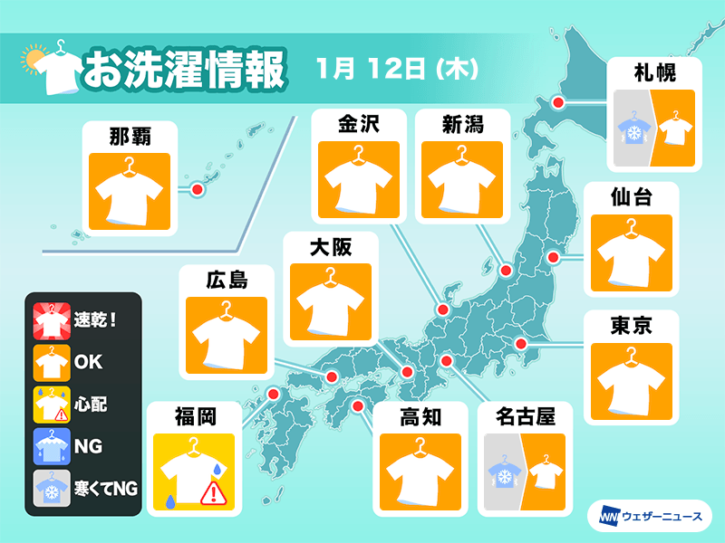 1月12日(木)の洗濯天気予報　全国的に外干しOKなタイミングあり