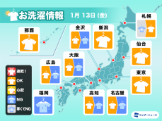 1月13日(金)の洗濯天気予報　関東や北日本は広く洗濯日和　西日本はだんだんと雨