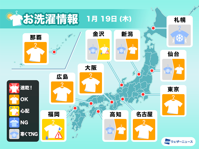 1月19日(木)の洗濯天気予報　関東、東海、近畿は外干しOKな空