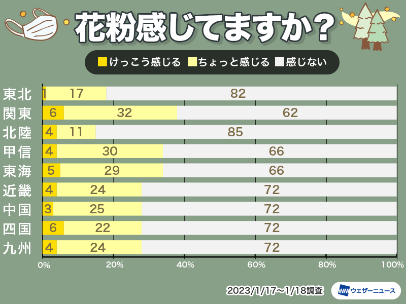 花粉症　関東や東海など、すでに３割以上が花粉を感じる