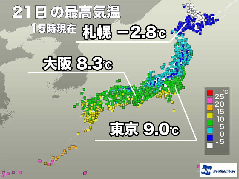 東京など10℃届かず全国的に真冬の寒さ　明日は朝の冷え込み強い