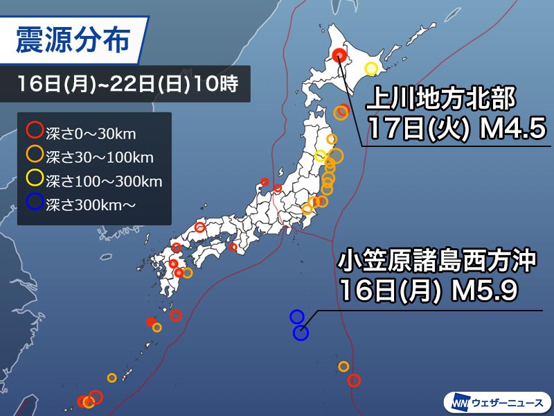 週刊地震情報 2023.1.22　北海道上川地方のM4.5で震度3　地震の少ない領域で発生