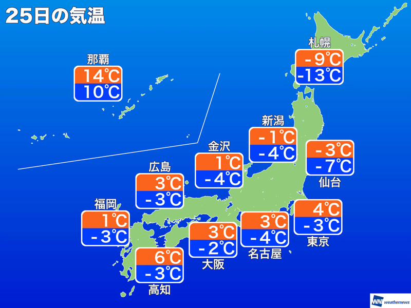 1月25日(水)　各地の気温変化と最適な服装