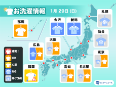 1月29日(日)の洗濯天気予報　関東から四国の太平洋側は外干しOK