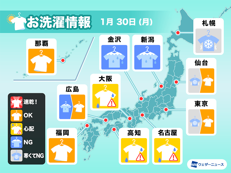 1月30日(月)の洗濯天気予報　関東は外干しOK　大阪など部屋干しが安心