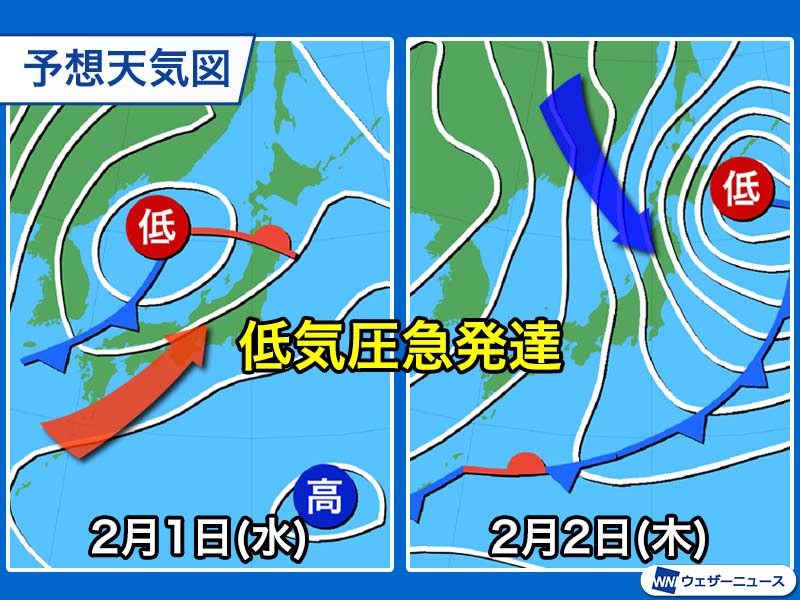 2月スタートは低気圧が急発達　周辺では荒天のおそれ