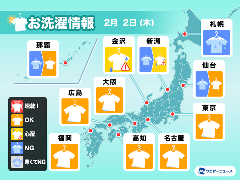 2月2日(木)の洗濯天気予報　関東や近畿など外干しOKな空広がる