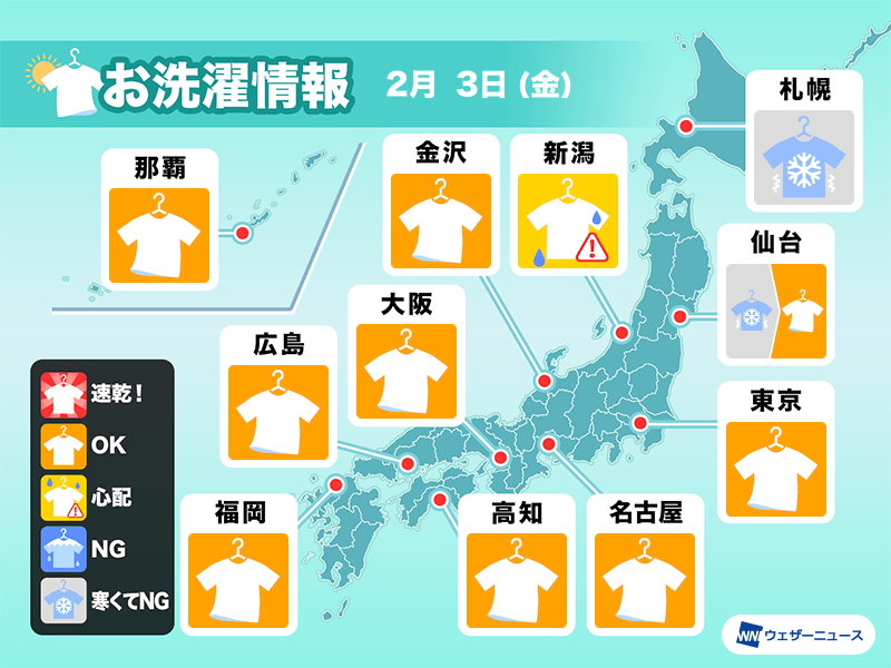 2月3日(金)の洗濯天気予報　東京など関東南部は早めの取り込みを