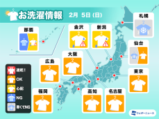 2月5日(日)の洗濯天気予報　東北から九州まで広く外干しＯＫ