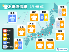 2月6日(月)の洗濯天気予報　東京・名古屋・大阪など外干しOK